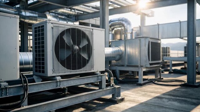 Industrial HVAC units on a rooftop with ventilation ducts