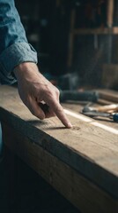 A father points at a wood knot on a timber plank. This scene highlights mentorship and craftsmanship in a rustic workshop setting. Perfect for family values and DIY project themes.