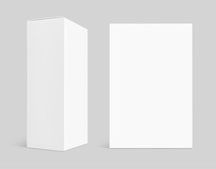 Naklejka premium Realistic closed cardboard box mockup. Vector illustration isolated on grey background. Taking your 2D designs into 3D. Can be use for medicine, food, cosmetic and other. EPS10.