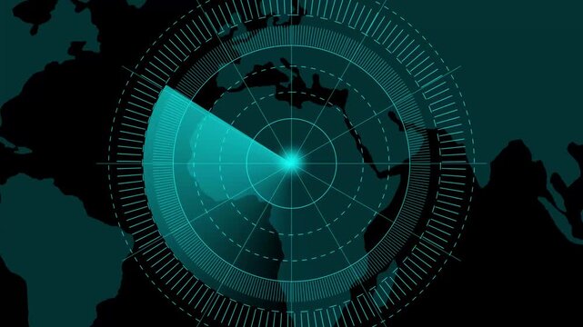 Radar screen animation, moving radar HUD call animated. Sonar tactical readout of an incoming object. Scanning Submarine Radar Screen With World Map, Motion graphics of enemy detect radar concept
