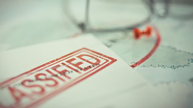 A confidential document bears a prominent red classified stamp, adjacent to a large paper world map silhouetted on a table, hinting at interstate protocol and restricted clearance levels