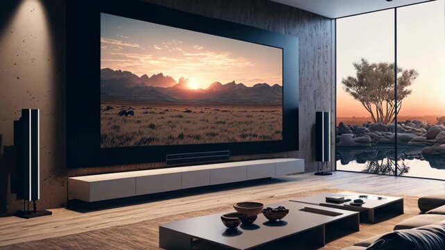 Modern TV screen in living room, television set in luxury interior, home theater concept