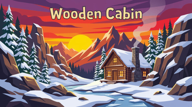 wooden cabin surrounded by snowy mountains and pine trees, creating a peaceful winter retreat scene ideal for travel, lifestyle, and seasonal branding