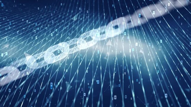 Digital blockchain chain made of glowing links and data lines, symbolizing secure connections, decentralization, and futuristic network technology. Seamless looping.
