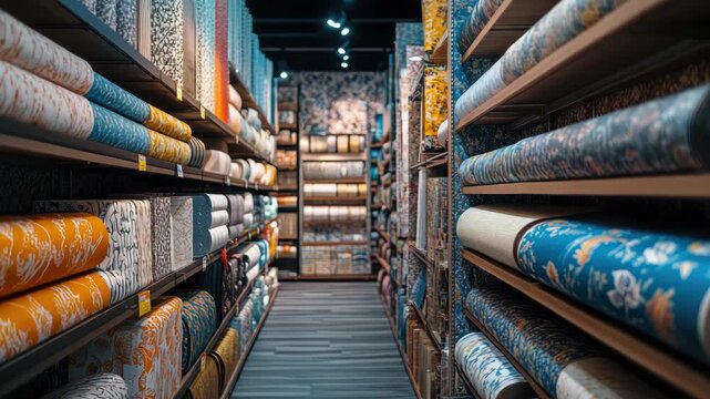 Colorful wallpaper and fabric rolls on display in a home improvement store, featuring various patterns, textures, and solid colors for interior design and decoration