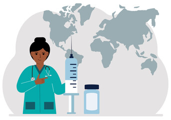 Female doctor with a large syringe and ampoule. Vector flat illustration