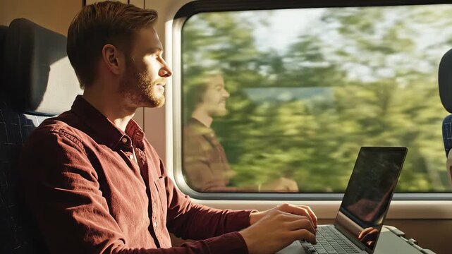 Man working on laptop in train