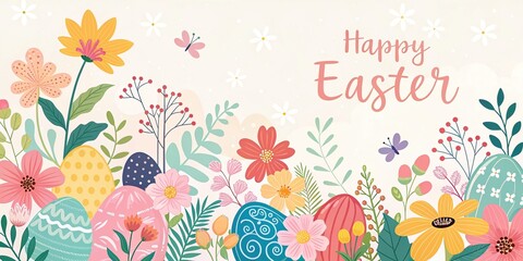 Happy Easter floral banner with decorated eggs hand drawn flowers and spring leaves.