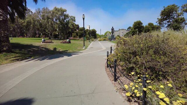 Calm urban park scene, captured as a steady background clip suitable for city life, lifestyle, and everyday atmosphere concepts. Filmed in Mission Dolores Park, San Francisco