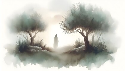 Watercolor illustration of Jesus at the garden of gethsemane 