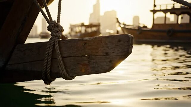 Wooden boat bow detail with rope knot and shimmering water at golden sunset with blurred city skyline background