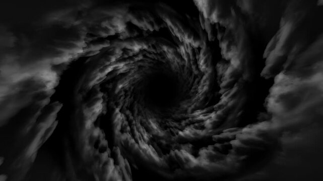 Black sky clouds loop. Dark outsider. Black abstract smoke background. Black tornado twist. black. Abstract dark swirling cloud vortex  tunnel deep shadow mystery, chaos, collapse spiral smoke fog