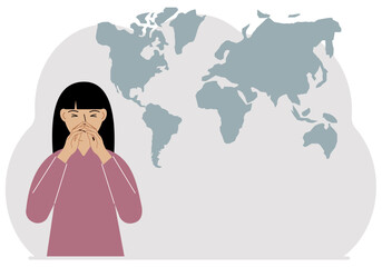 A woman covers his mouth and nose with his hands, his eyes closed. A world map is in the background. Image of colds, pain, sadness, sorrow, illness, grief, and suffering. Flat vector illustration.