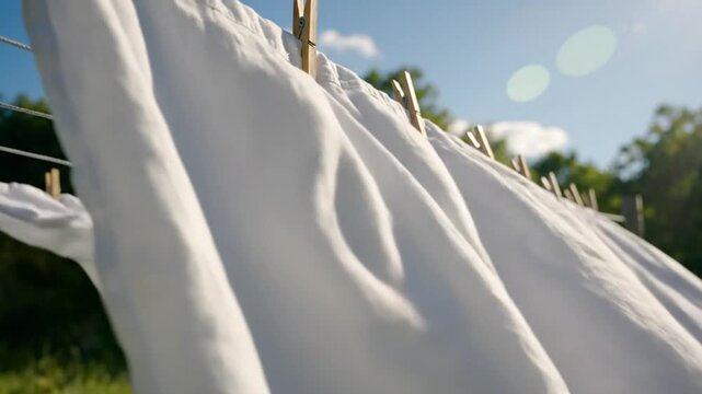 White sheets billowing gently in the breeze hanging on a clothesline on a sunny summer day