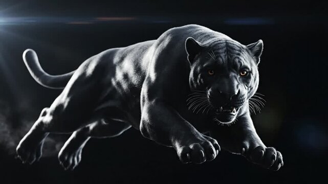Powerful and Threatening Black Panther in Mid-Air Ready to Pounce Against a Dark Background with Light Flare