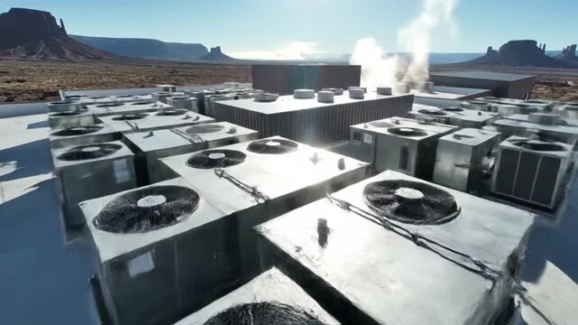 Aerial view of a data center cooling system, located in a desert landscape under a clear blue sky