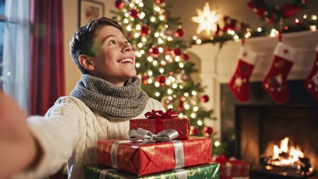Cheerful boy holding a stack of Christmas presents, smiling and taking a selfie in a decorated cozy living room.