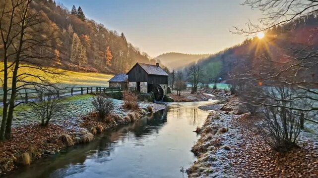Scenic Watermill by a Serene River at Sunrise with Sunbeams and Autumn Foliage in a Misty Landscape