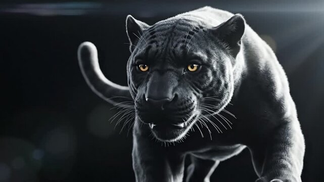 Powerful black panther leaping forward with a determined gaze against a dark background