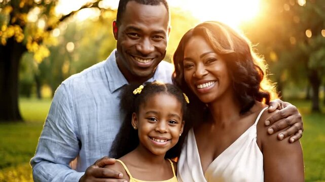 Happy African American Family Smiling Together Outdoors with Warm Golden Sunlight in a Park