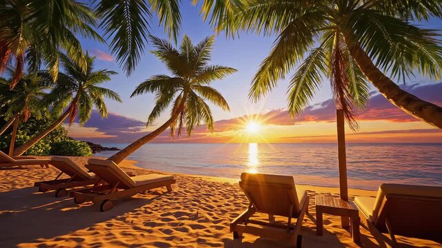 Beach with palm trees and lounge chairs