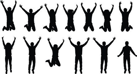 Fototapeta premium Set of happy jumping people silhouettes in various poses including flying, mid-air leaps, and hands raised for celebration success and active lifestyle vector design
