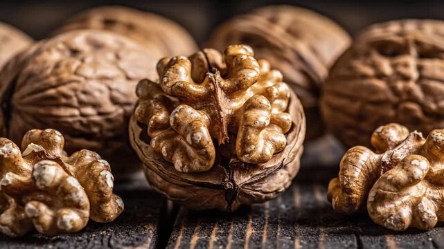 Close-up shot revealing the inside of a shelled walnut showcasing its texture and intricate details