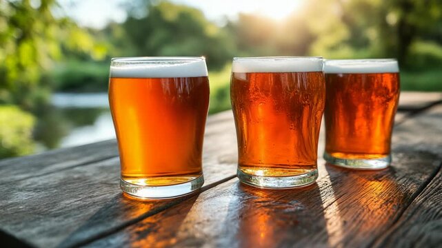 Three glasses of amber liquid, frothy tops, on a wood table, with a hand reaching out