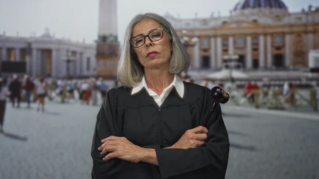 Woman judge in robe holding gavel with arms crossed in building at vatican square, composed look; authority justice dignity.