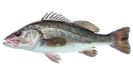 Fototapeta premium Detailed close-up of a large freshwater bass isolated on white background.