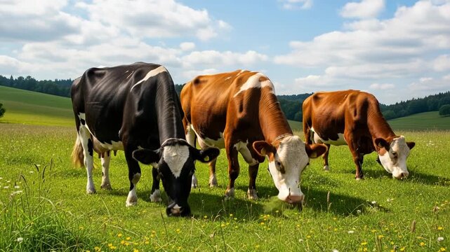 Three grazing cows with distinct patterns in a lush green field under a partly cloudy, blue sky