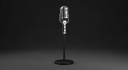 Vintage microphone on stand against dark background symbolizing music podcasting and broadcasting
