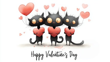 Obraz premium Three black cats holding hearts celebrating Valentine's Day. Three cartoon black cats holding red hearts with floating additional hearts against a white background