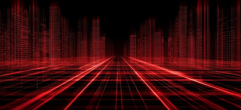 Digital city grid connecting glowing virtual network data. Futuristic red grid forming cyber city perspective, representing technology and connection
