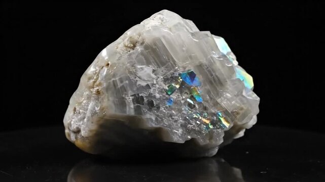 Rotating Close Up of a Gorgeous Iridescent White Moonstone Gemstone Against a Black Backdrop