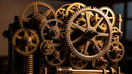 Obraz premium Mechanical Gears in Industrial Style with Golden Lighting on Metal Texture for Engineering