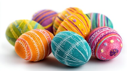 Colorful easter eggs with intricate patterns on white background.