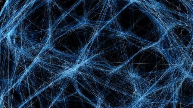 A dynamic web of electric-blue strands pulses softly over deep blackness, resembling living circuits.