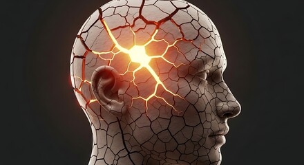 A cracked human head with a glowing light emanating from the brain