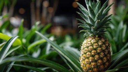 Obraz premium Tropical pineapple growing in lush green garden.