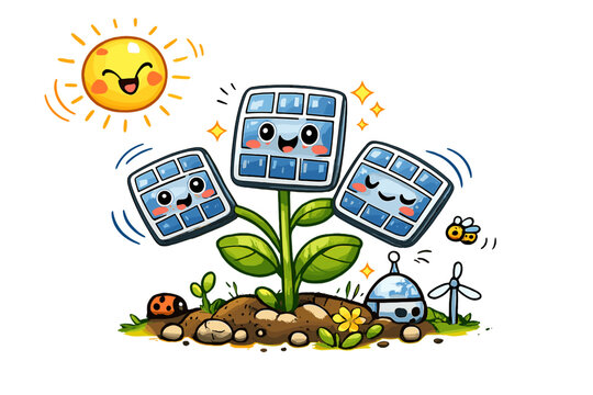 Solar Panel Blooming. A cute doodle-style vector scene of a solar panel plant growing from the ground, each segment like a leaf