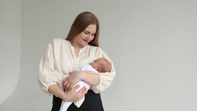 Family day, mother's day. Smiling young mom holding newborn boy, girl indoors. Mother hugging cute baby son, daughter with love affection. Breastfeeding. Concept of motherhood parenting