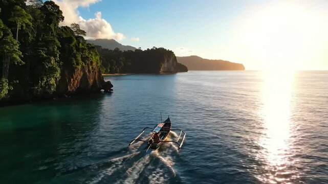 Scenic aerial view of a traditional outrigger boat sailing on turquoise waters near lush tropical cliffs and the sunset