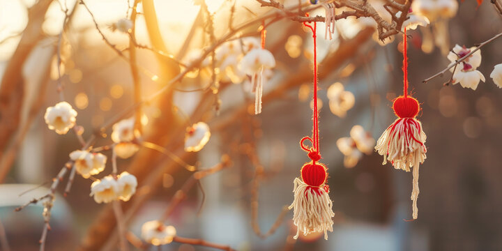 Red and white martenitsa tassels hanging on flowering branches, symbolizing the Bulgarian spring celebration on March 1st. Traditional handmade charms marking the arrival of spring