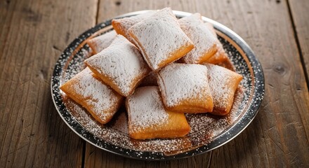A popular Mardi Gras treat. Isolated beignets on a silver platter on a rustic table.