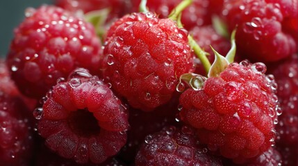 Fresh juicy raspberries with water droplets close-up.