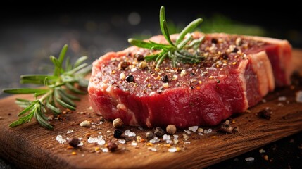 Seasoned raw steak with rosemary and peppercorns on wooden board.