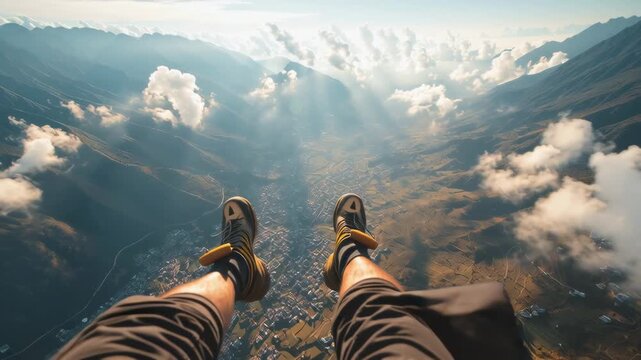 First person view of legs and shoes flying high above a mountain town and clouds, showing extreme travel adventure and freedom