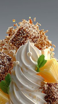 Una fotograf&iacute;a de primer plano de un postre con pi&ntilde;a, nata montada y bolas de chocolate, salpicado por una cascada de caramelo.
