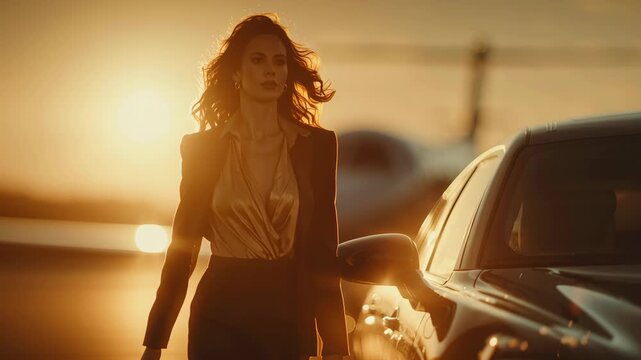 Rich elegant woman in business attire walking with sunset, private jet and luxury car at airport